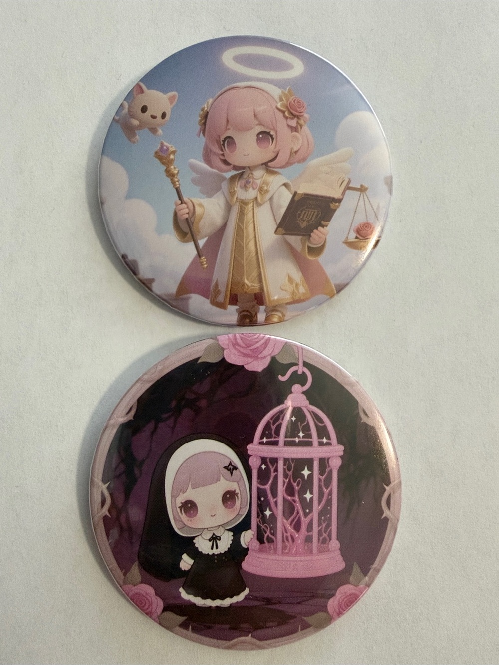 Cute Chibi Angel & Gothic Nun Pinback Button Set - Pink, Purple